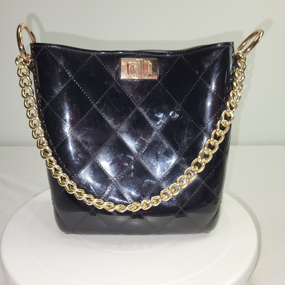 Quilted Jelly Bucket Bag Women Black Gold Chain Strap Purse